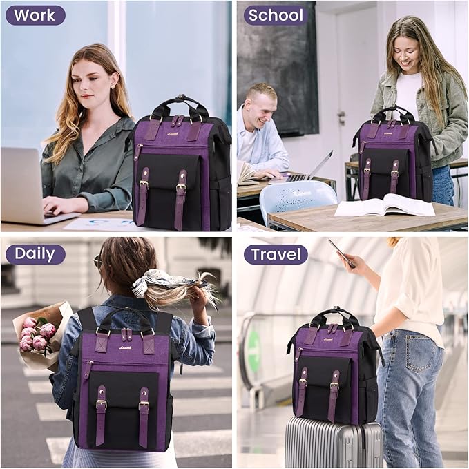 LOVEVOOK Laptop Backpack for Women Work Travel Backpack Commuter Business Computer Bag Teacher Doctor Nurse Bags College Backpack Purse, 17 Inch, Black-Purple-Purple