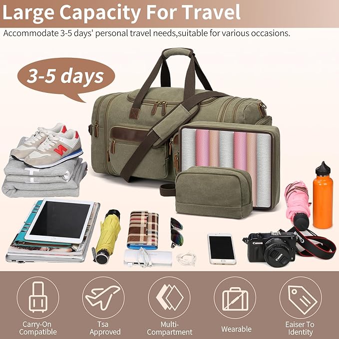 Mens Duffle Bag for Travel 60L Expandable Canvas Weekender Overnight Travel Duffel Bag with Shoe Compartment Carry-On for Airplanes Army Green