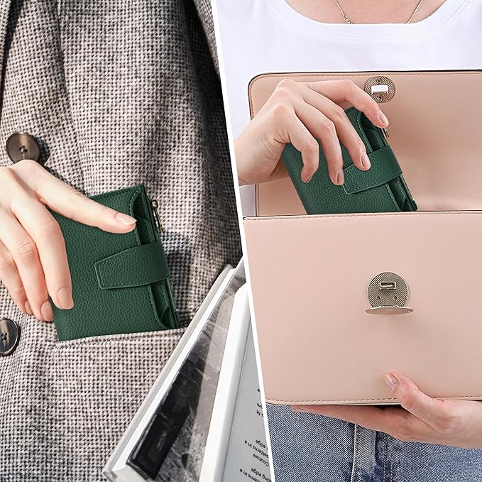 Airkit Small Wallet Women RFID Blocking Soft Leather Bifold Compact Card Holder Wallet for Women with Zipper Coin Pocket 4 ID Window