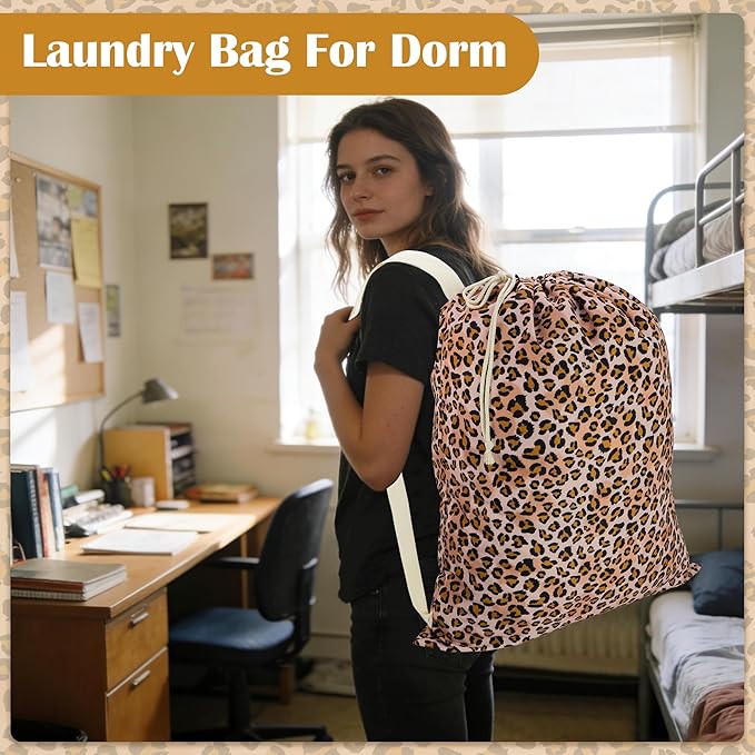 Canvas Laundry Bag with shoulder Strap 24"Wx 29"H, Large Drawstring Dirty Clothes Bag Washable Laundry Sack for College Dorm, Travel, Home, Camp (Leopard)