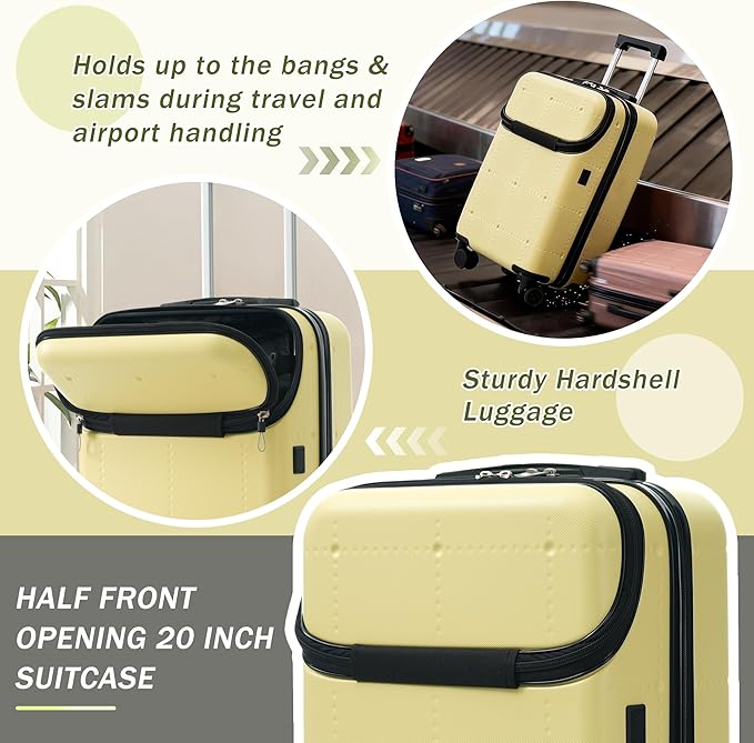 Merax Luggage Sets 5 Piece, Hardside 20" Half-opening Carry On Suitcase Set with USB Port,Lightweight Travel 24" 28" Luggage with Bags TSA Locks Double Spinner Wheels,Yellow