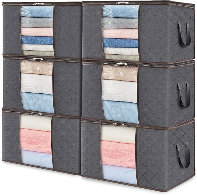 Lifewit 6 Pack Clothes Storage Bins with Lids, Foldable Blanket Storage Bags with Zippers, Clear Window and Reinforced Handles, Closet and Organization for Clothing, Sweater, Comforter, Bedding