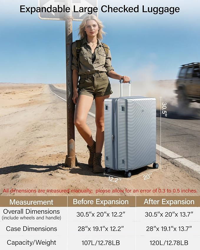 MILADA 28 Inch Large Expandable Checked Luggage - Hardshell Spinner Suitcase with 8 Wheels, TSA Lock, Durable PC Shell, Extra Large Capacity for Extended Travel, Lightweight Suitcase, Arctic Silver