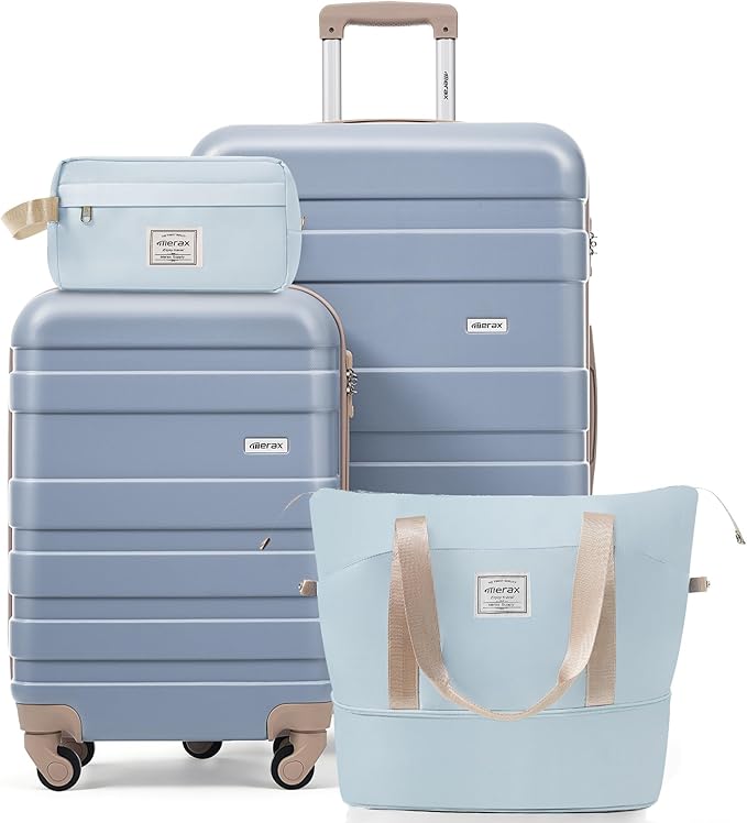 4-Piece Luggage Set, Suitcase with TSA Lock Travel Duffel Bag Wet-Dry Toiletry Bag, Blue