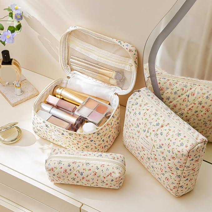 HBselect Quilted Makeup Bag, 3PCS Cotton Large Travel Makeup Bag, Cute Floral Coquette Make up Bag Cosmetic Bag Toiletry Bag for Women Girls