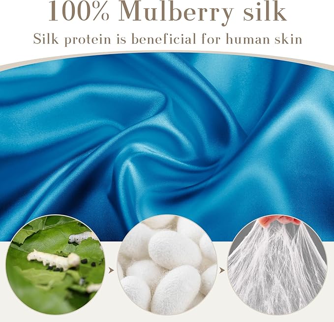 100% Mulberry Silk Sleep Mask Eye Mask for Women Man with Adjustable Band, for Side Sleeper Blackout Sleep Mask for Travel Rest and Office Large Size (Blue)