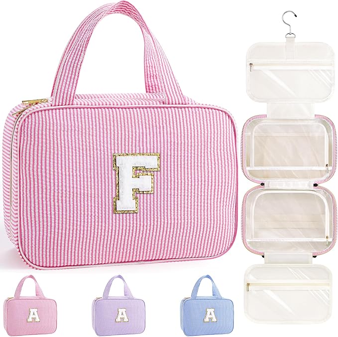 TOPEAST Gifts for Friends - Friendship Gifts for Women, Travel Toiletry Bag for Women, Hanging Toiletry Bag, Monogrammed Initial Toiletry Pouch Makeup Bag - Letter F, Pink