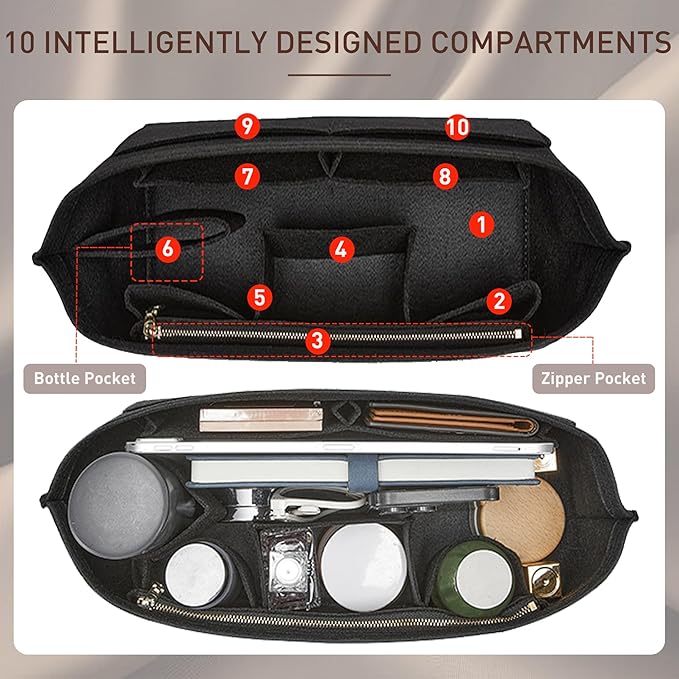 Doxo Purse Organizer Insert, Felt Bag Insert Tote Shaper Fit LV Speedy 30, Neverfull PM & Base Shaper 2pc Set (Medium-Black-Combination)
