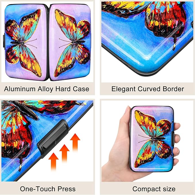 ELFISH RFID Blocking Credit Card Protector Aluminum ID Case Hard Shell Business Card Holders Metal Wallet for Men or Women (One Butterfly)