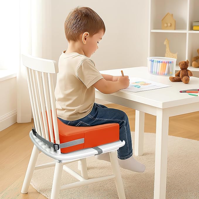 Toddler Booster Seat Dining Table Kitchen Chair, Waterproof Anti-Scratch PU Cushion, Non-Slip Bottom, Adjustable Buckle Straps, Easy Clean Portable Seat Cushion (Tangerine)