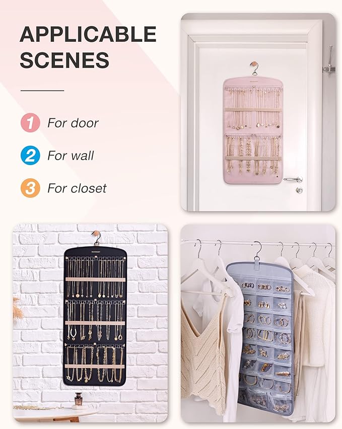 BAGSMART Hanging Jewelry Organizer, Necklace Holder Anti-tangle Earrings Rings Hanger with 20 Jewelry Bags Travel Storage Roll with Pockets Hang on Closet, Wall, Door,1 Piece, Large, Teal