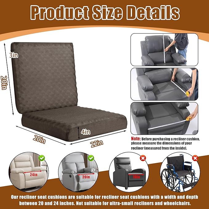BALAPET Recliner Cushions for Long Sitting, Egg Crate Foam Recliner Cushion for Elderly Reduces Muscle Fatigue and Provides Air Flow, Extra Large Non-Slip Seat Cushion with Back Support(22*20*4in)