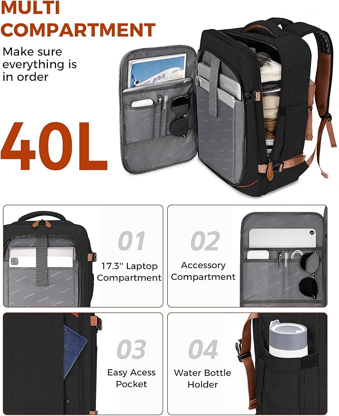 Vancropak 40L Travel Backpack Flight Approved Carry On for Men Women, Expandable Weekender Bag with 3 Packing Cubes, Water Resistant Anti-Theft Daypack fits 17.3" Laptop, Large Lightweight Luggage
