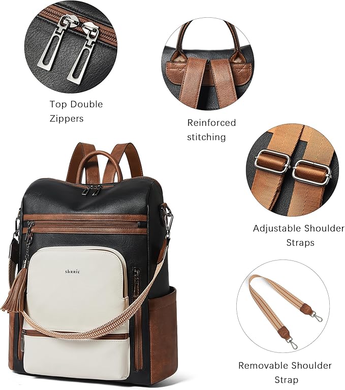 Shrrie Vegan Leather Laptop Backpack for Women 15.6 inch Work Backpack Fashion Travel Backpack Purse for Business College