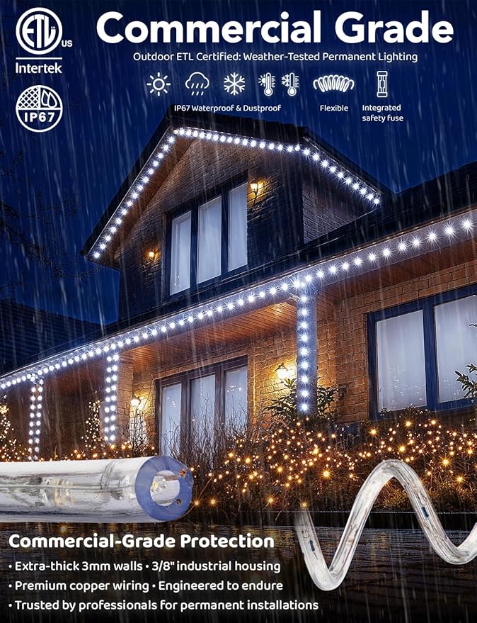 1656LEDs, 150ft LED Outside Rope Lights, Waterproof Permanent Outdoor ETL Certified Connectable Clear Tube, Christmas Palm Tree Holiday Decorative Landscape Patio Accent Lighting - Cool White