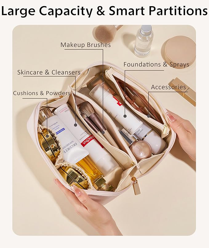 Large Capacity Travel Cosmetic Bag - Portable Makeup Bags for Women Waterproof PU Leather Checkered Makeup Organizer Bag with Dividers and Handle,Toiletry Bag for Cosmetics