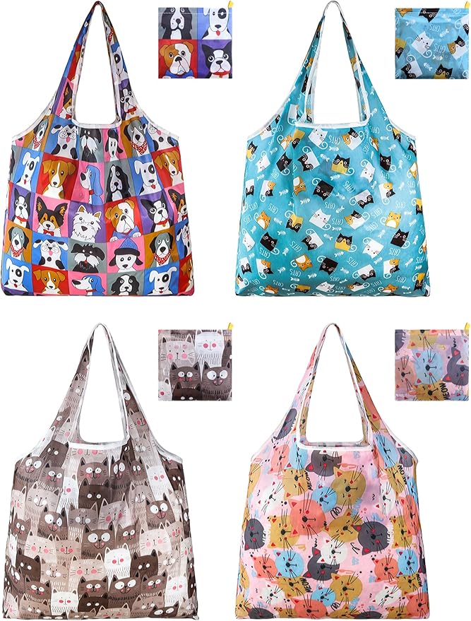 4 Pcs Reusable Grocery Bags, Foldable Shopping Bags Heavy Duty, Large Nano Bag Cute Tote Bag for Daily Shopping, Waterproof and Machine Washable (Animals)