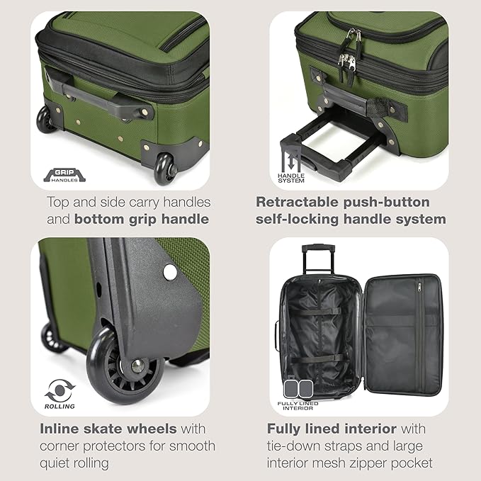 U.S. Traveler Rio Lightweight Softside Rolling Carry-on Suitcase, 2-Wheel Set, Green