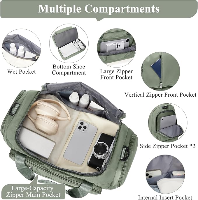 Travel Duffle Bag, Weekender Bags for Women,Carry On Overnight Personal Item Travel Bag with Shoes Compartment,Olive Green