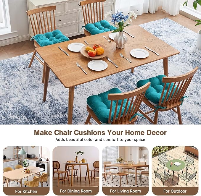 BETU Chair Cushions for Dining Chairs Set of 4,3.5" Thick Kitchen Table Chair Pads with Ties,Non Slip Backing and Covers, Seat Cushion for Dining Room,Bar,Patio Chairs,16"X16"X3.5",Teal