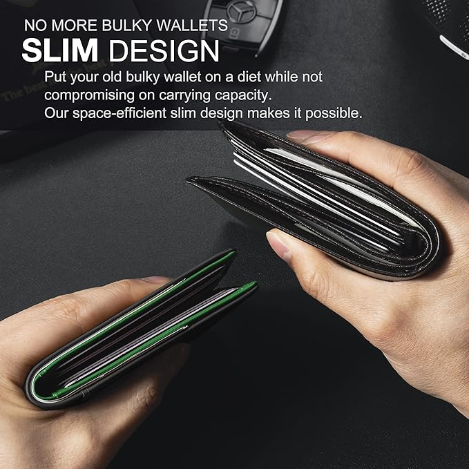 GSOIAX Slim Wallet for Men Rfid Blocking Leather Bifold Front Pocket Carbon Fiber Credit Card Holder Novelty Wallets With Gift Box (Green and Carbon Black)