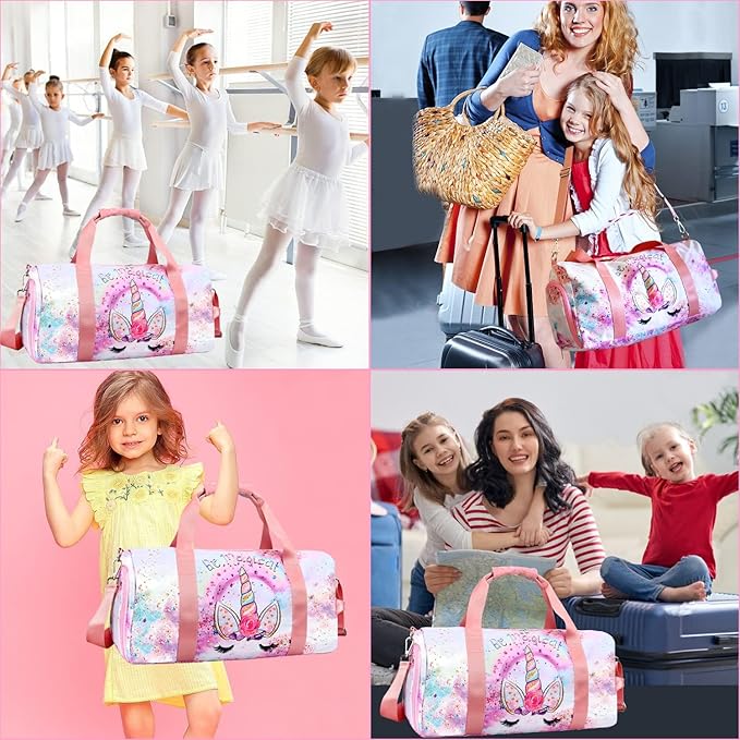 Gym Travel Duffle Bag for Girls - Gymnastics Sports Dance Bag with Shoe Compartment & Wet Pocket Unicorn Kids Travel Bag Teens Weekender Sleepover Carry On Bag