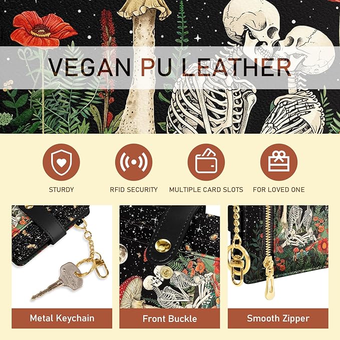 Jogjam Mushroom Skull Rfid Ladies Wallet, Small Slim Thin Compact Credit Card Women Wallet, Skeleton Goth Horror PU Leather Bifold Zipper Coin Pocket for Female