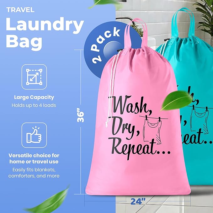 Handy Laundry Extra Large Travel Laundry Bags 2-Pack – Heavy Duty, Water-Resistant, Holds 4 Loads, Drawstring Closure, Fun Print for Camping, Dorms, Travel, Pink-Teal, 24 x 36 in