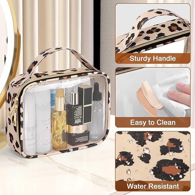 Wedama Clear Toiletry Bag, 2 Pack Clear Makeup Bags with Handles, Large Travel Bags PVC Cosmetic Bag for Women and Men, Carry on Airport Airline Compliant Bag, Leopard Print