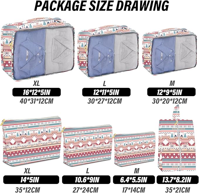 7 Set Packing Cubes Travel Luggage Organizers for Suitcase Travel Accessories with Shoe Bag for Girls Women Aesthetic Cute Boho Bohemian-Pink Blue