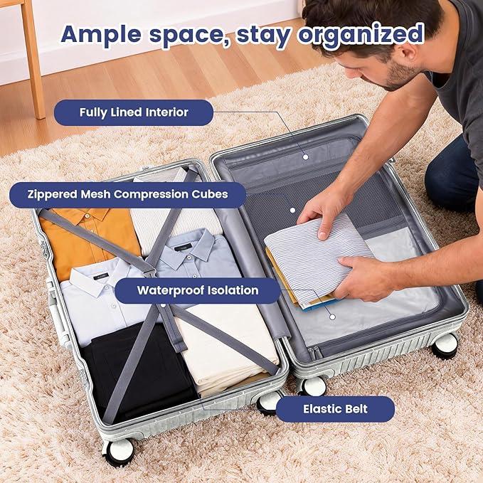 20 Inch Carry On Suitcase, Aluminum Frame Zipperless Hard Shell Luggage with Spinner Wheels, TSA Lock, USB Charging Port, Phone Holder, Cup Holder for Business Travel and Trips, White