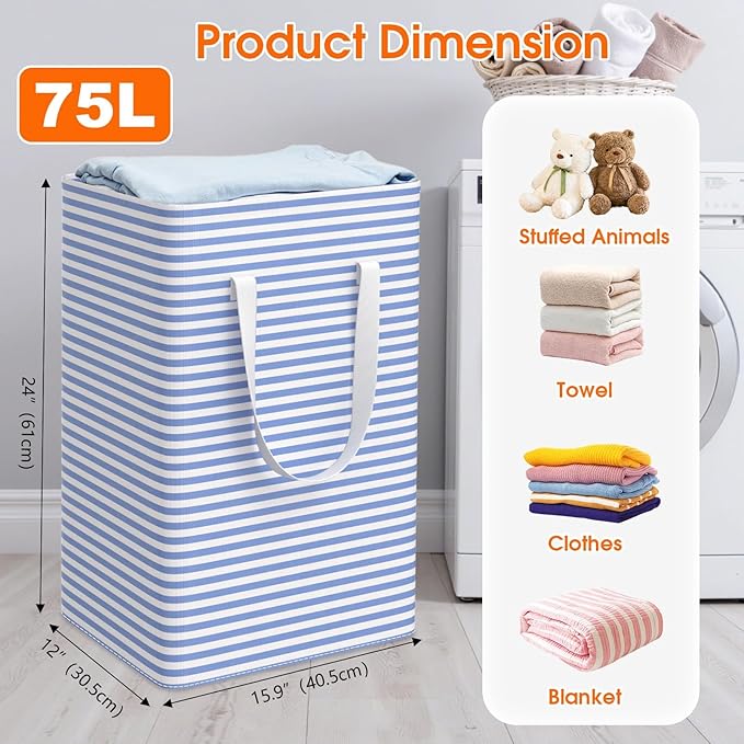 3 Pack Large Laundry Basket,Waterproof & Freestanding Laundry Hamper,Collapsible Clothes Hampers with Easy Carry Long & Reinforced Handles in Bathroom,College Dorm(75Lx3,Blue)
