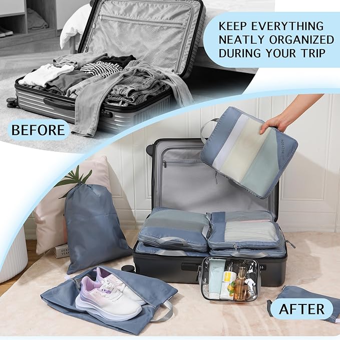 Lightweight Compression Packing Cubes for Suitcases, Compressible Expandable Travel Packing Organizer with Clear Toiletries and Backpack Bag, Travel Essentials for Carry on Luggage 7 Set