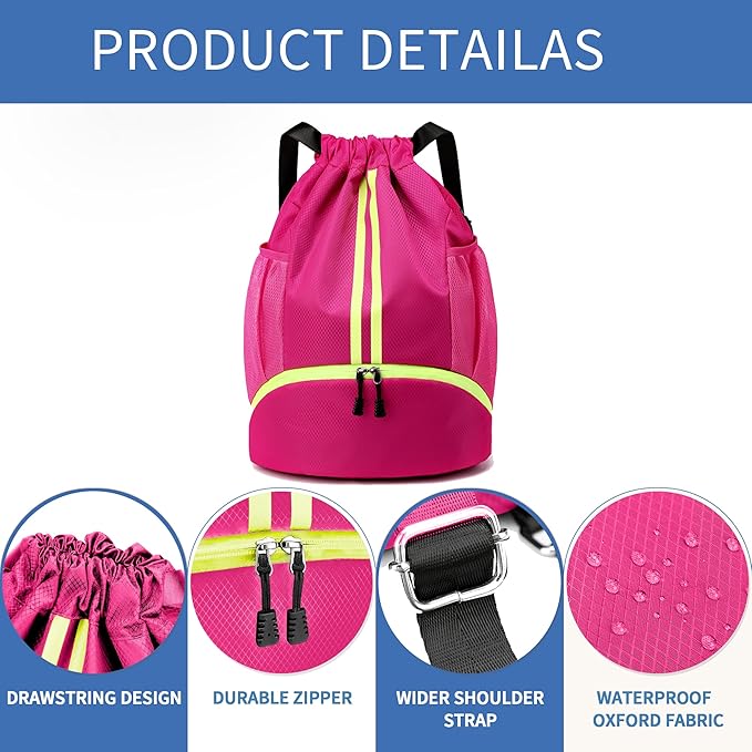 Drawstring Backpack Gym Bag with Shoes Compartment for Soccer, Basketball, Swim, Water-Resistant String Backpack Beach Cinch for Women Men, Rose