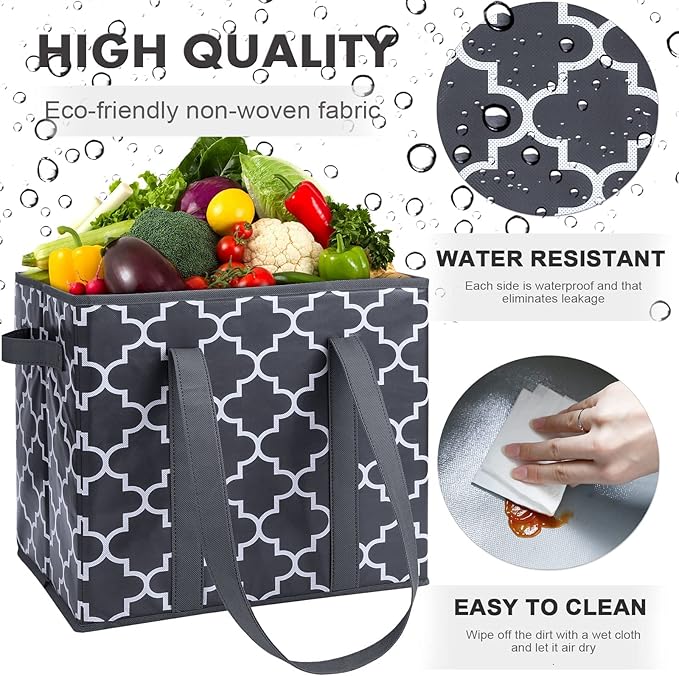 WISELIFE Reusable Grocery Bags 2-Pack Foldable Washable Large Storage Bins Basket Water Resistant Shopping Tote Bag Dark Grey