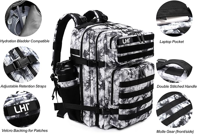 LHI Military Tactical Backpack for Men Molle Daypack 45L Army 3 Days Assault Pack Bag Large Rucksack With Bottle Holder Black and White(12*20*12)