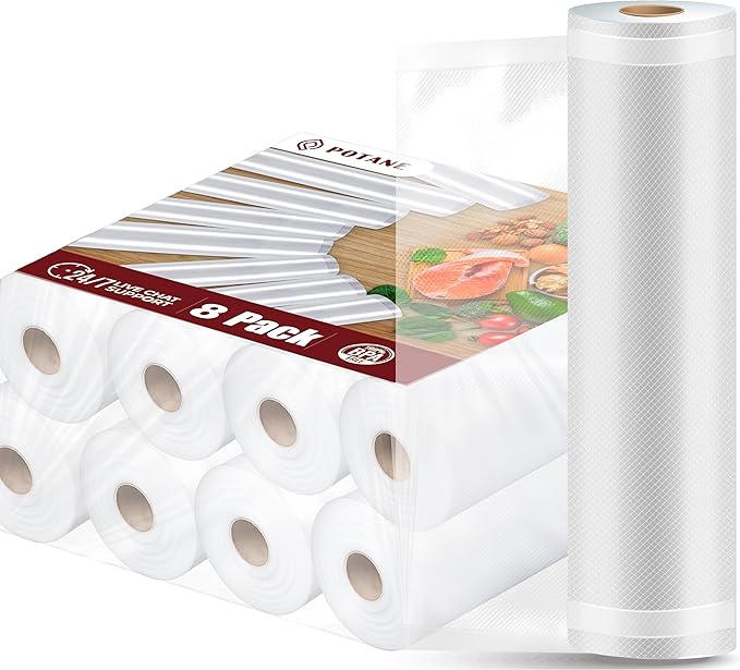 Potane 8 Pack 8"x20'(8Rolls) Thickened Vacuum Sealer Bags For Food, Textures on Both Sides, Smell-Proof, Heavy Duty for POTANE, Food Saver, Weston, Sous Vide