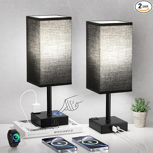 Set of 2 Black Table Lamp for Bedroom - Dimmable Touch, USB C+A, AC Outlet | 3-Way Dimming, 5000K Daylight Bulb Included, Nightstand Lamp with Square Linen Shade, Small Room Decor for Men, Boys, Desk