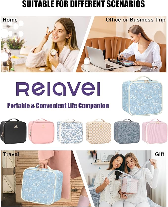 Relavel Travel Makeup Bag With LED Mirror for Women, Cosmetic Organizer Bag with Adjustable Brightness in 3 Color Scenarios, Detachable Dividers, Waterproof Train Case for Daily - White Flower