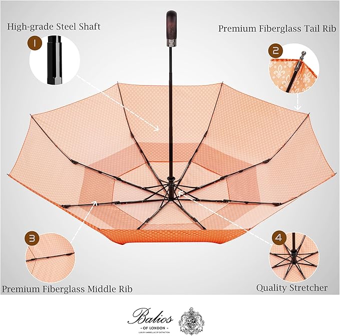 Balios Travel Folding Umbrella with Real Wood Handle Auto Open Close Vented Windproof Canopy - Designed in UK
