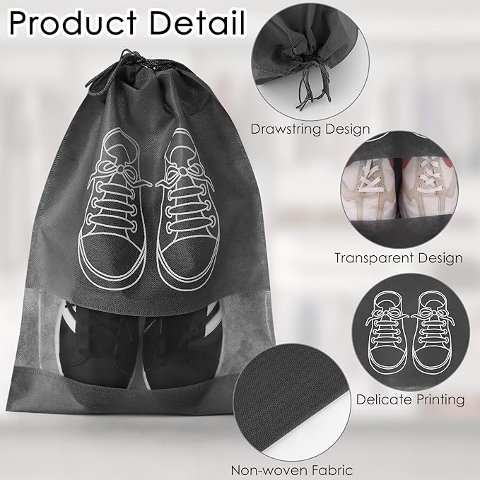 10 Pcs Portable Travel Shoe Bags, 17.3 x 12.6 Inches Waterproof Non-Woven Shoe Organizers Storage Bags, Large Drawstring Shoes Pouch Packing Organizers with Rope for Men, Women, Children