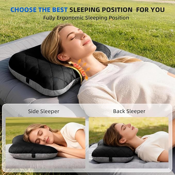 aiGear Inflatable Camping Pillow, Ultralight Compact Air Pillow Ergonomic Neck & Lumbar Support Portable Inflatable Pillow with Removable Washable Cover for Travel Backpacking Hiking (Black)
