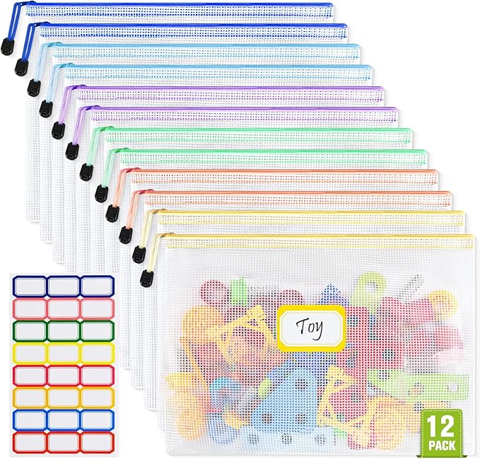 Mesh Zipper Pouch Bags: Clear Zipper Pouches for Classroom, Plastic Mesh Bag Letter Size Document Pouch, A4 Waterproof Organizing Pouch for School and Office Supplies (13.5 x 9.5Inch, 12PCS, 6 Color)