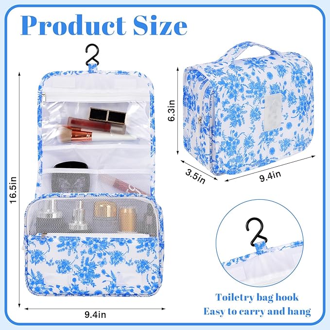 Pengxiaomei Hanging Toiletry Bag, Blue Vintage Floral Waterproof Cosmetic Bag Portable Makeup Pouch Travel Wash Bag with Handle for Kids Teen Girls Camping Tea Party Mothers Day Gifts