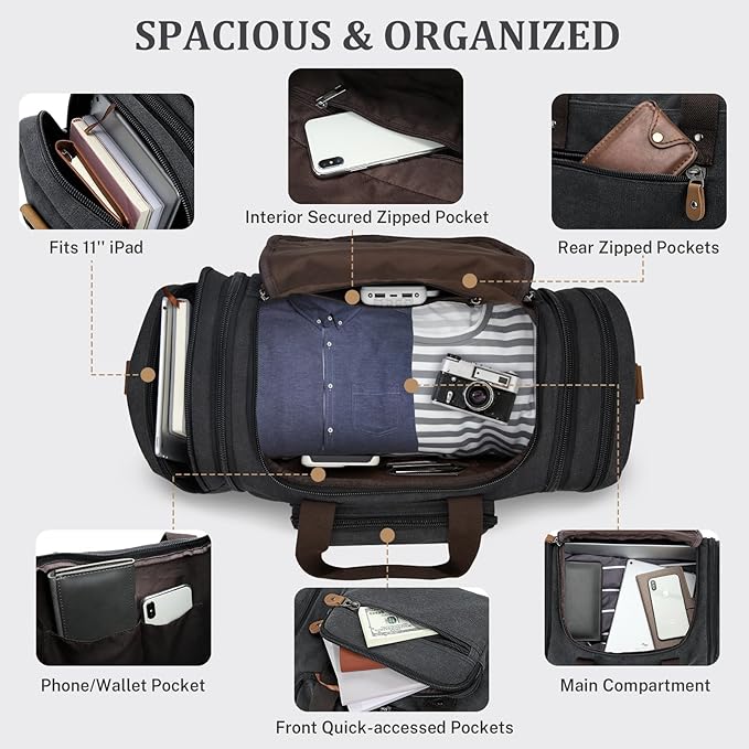 Gonex Canvas Duffle Bag for Travel 50L Expandable Duffel Weekend Overnight Bag men (Dark Gray)