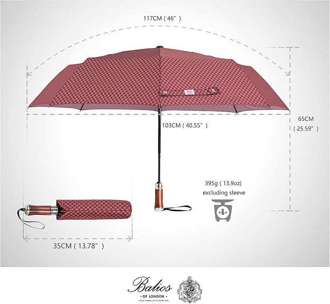 Balios (Designed in UK) Travel Umbrella Luxurious Golden Hardwood Handle Auto Open & Close Windproof Frame Single Canopy Automatic Folding Umbrella Men's & Ladies