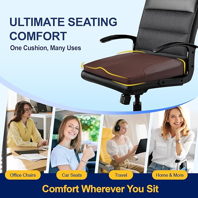 kingphenix Car Seat Cushion – Memory Foam Pad for Driving Comfort – Boosts Height and Relieves Coccyx & Lower Back Pain – Car, Truck, Office Chair (Leather & 4D Mesh Brown)