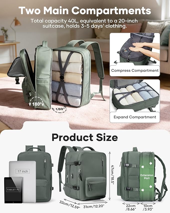 VECAVE Vacuum Backpack Travel with Pump, Expandable Personal Item Carry on Backpacks for Women Men, Laptop Waterproof Work Compression bags with USB Casual Daypack Green