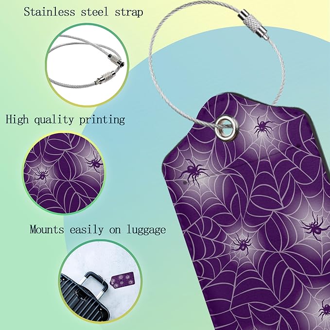 Halloween Luggage Tags Set of 2 Purple Spider Web Leather Suitcase Tags with Stainless Steel Loop and Privacy Cover for Women Men Travel Luggage Accessories