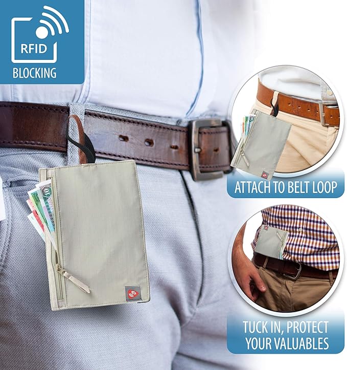 Lewis N. Clark RFID Blocking Money Belt Travel Pouch + Credit Card, ID, Passport Holder for Women & Men, Tan, One Size